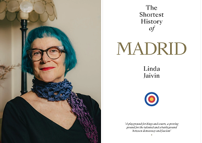 Linda Jaivin beside the cover of The Shortest History of Madrid - Avid Reader event