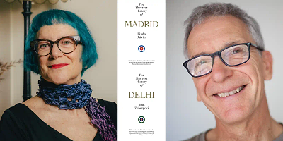 Linda Jaivin and John Zubrzycki with the covers of The Shortest History of Madrid and The Shortest History of Delhi - Paperchain event